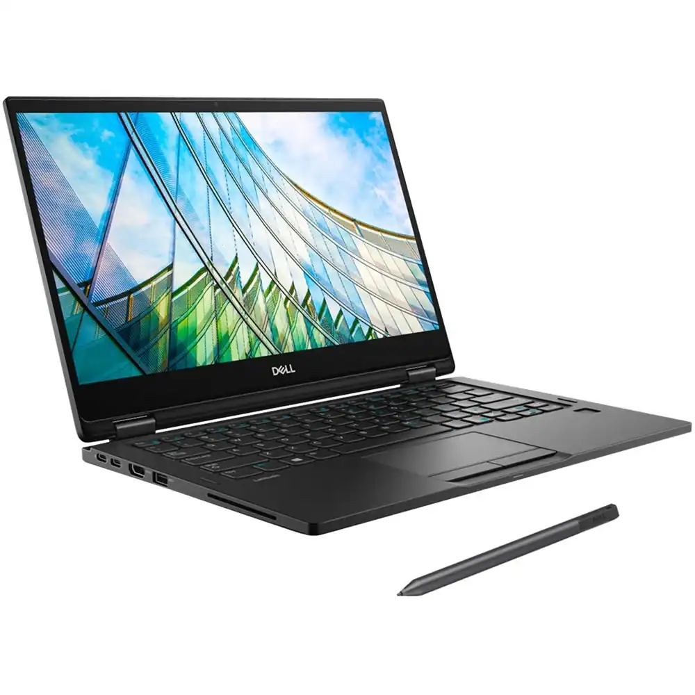 Dell laptop with stylus on a white background, showcasing a sleek design.